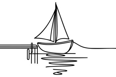 Kıyıdaki iskelede bir yelkenli. Devamlı çizgi çizimi. Görüntü, vektör.