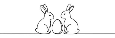 Paskalya Tavşanı sürekli bir çizgi çiziyor. Paskalya sınırında yumurtalar ve karikatür tavşancıkları sürekli çizim stilinde. Tavşan Siyah ve Beyaz vektörlü Paskalya için İllüstrasyon.