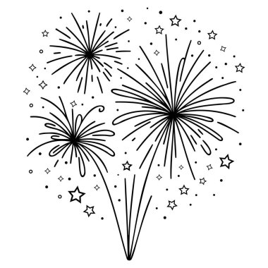 Bayram, kutlama ve festival için yıldızlı havai fişek seti. 4 Temmuz 'da Bağımsızlık Günü' nün simgesi olarak parlayan bir selam. El çizimi izole edilmiş siyah beyaz çizim.
