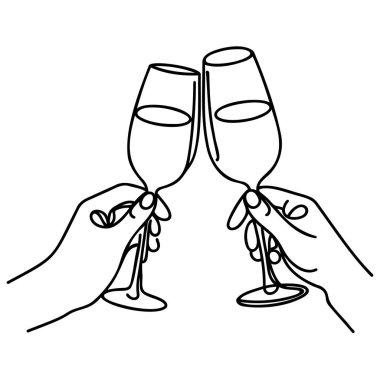 Eller kadehleri tokuşturur. Bir çizgi sanat eseri, sürekli çizim hatları. Kutlama için kadeh kaldıralım. Tatil için el yapımı, romantik Sevgililer Günü tasarımı. İzole edilmiş. Vektör.