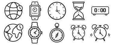 Çalar saat, kronometre ve takvimler de dahil olmak üzere zaman yönetimiyle ilgili bir çizgi çizilmiş simge koleksiyonu. Bu simgeler çeşitli uygulamalarda zamana bağlı fonksiyonları temsil etmek için kullanılabilir