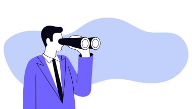 Dürbünle bakan bir adam. Geleceği araştıran iş adamı fikirler ve stratejiler arıyor. Fırsat gözlemi, perspektif görme konsepti düz vektör illüstrasyonu.