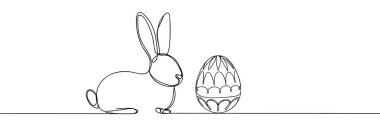 Doğrusal Vektör çizimi, Mutlu Paskalya Tavşanı ve Yumurtası 'nın sürekli bir çizimi. Sevimli tavşan silueti bahar tasarımı tebrik kartı ve internet afişi için basit minimalist stil