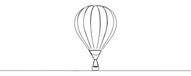 Sıcak hava balonu sürekli bir çizgi çiziyor. Gökyüzü logosu ve bölme konsepti içinde basit doğrusal uçarak seyahat et. Düzenlenebilir felç. Doodle vektör illüstrasyonu.