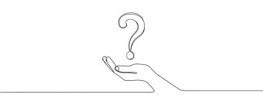 Bir elde soru işareti bir çizgi sanat, elle çizilmiş soru işaretleri, sürekli kontür. SSS kavramını sorgulamak, cevabı bulmak. İzole edilmiş. Vektör illüstrasyonu.