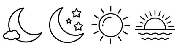 Güneş ve Ay ikonu vektörü gece ve gündüz ikonu, hava durumu ikonu belirledi. Bulut, bulutlu, güneş, yağmur. uygulama kullanıcısı için koyu ve açık kip simgeleri, ekran parlaklığı ve karşıtlık seviye işaretleri ve simgeleri