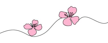 Bahçe logosu için güzel, taze kiraz çiçeği çizen tek satır. Ev dekorasyonu sanat posteri için basılabilir dekoratif sakura çiçeği. Modern sürekli çizgi çizimi tasarım grafik vektör çizimi.
