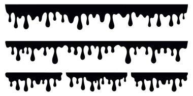 Siyah damlayan boya, eriyen çikolata ya da yağ damlası. Soyut sıvı leke elementleri seti. Sıçrama mürekkebinin düz vektör çizimi.