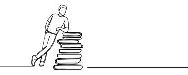 Devasa kitapların yanında duran genç bir işadamının tek sıra çizimi. Okumak, başarılı bir girişimci olmak için iş dünyasındaki becerilerini geliştirmektir. Bir satır tasarımı.