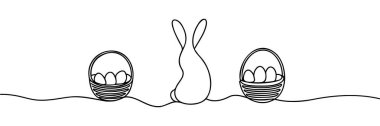 Paskalya tavşanı silueti ve yumurta sepeti. Devamlı bir çizgi çizme tarzı. Tebrik kartı, afiş için vektör illüstrasyonu.