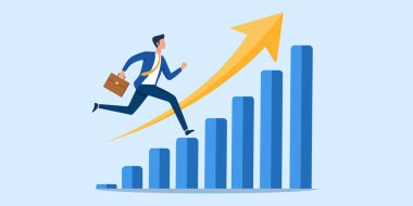 Başarılı iş adamı bar tablosunun üzerinde duruyor. İş konsepti. vektör illüstrasyonu