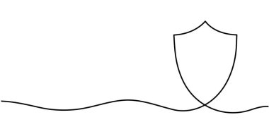 Sürekli çizilen bir çizginin kalkanı. Güvenlik kalkanı tek sıra halinde çizilmiş. Güvenlik ve koruma kavramı. Vektör illüstrasyonu