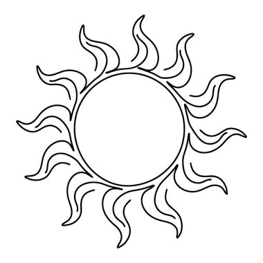 Güneşin ve güneşin aralıksız çizimi. Sıcak sıcaklık ve yaz yolculuğu sembolü basit doğrusal şekilde. Güneş yeşili enerji konsepti, yenilebilir vuruşta. El çizimi