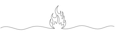 Ateş, aralıksız bir çizgi çiziyor. Soyut siyah-beyaz, minimum tek çizgi sanatı, aralıksız tek çizgi çizimi Alev. Düzenlenebilir vuruş.