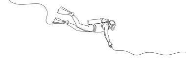 Suyun altına dalan tüplü dalgıcın sürekli bir çizgisi. Tüplü dalgıcın bir çizimi. Dalış sporu konsepti sürekli çizgi sanatı. Düzenlenebilir özet