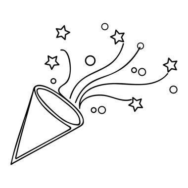 Kurdele ve konfeti ile bir cümlelik parti patlaması. Tebrik et ve öğeleri kutla. Konfeti logosu. Devamlı cümbüş patlayıcısı. Patlayan kraker basit el çizimi simgesi