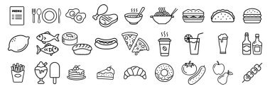 Yemek ikonları hazır. Hamburger, fast food, sandviç, patates kızartması, sosisli sandviç, Meksika dürümü, pizza vektör çizimleri. Restoran menüsü için ince işaretler