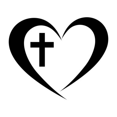 Beyaz Arkaplanda Cross yazan Vector Christian Logo Heart. İzole edilmiş El Çizimi sembolü. Minimalist din simgesi veya logosu