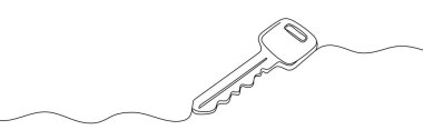 Anahtar bir çizgi sürekli çizim. Ev anahtarı tek satırlık illüstrasyon. Vektör minimalist doğrusal çizim Düzenlenebilir vuruş.