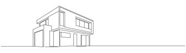 Çizim tarzında modern bir ev. Beyaz arka planda izole edilmiş modern mimari model siyah doğrusal tasarım. Vektör illüstrasyonu Düzenlenebilir vuruş.