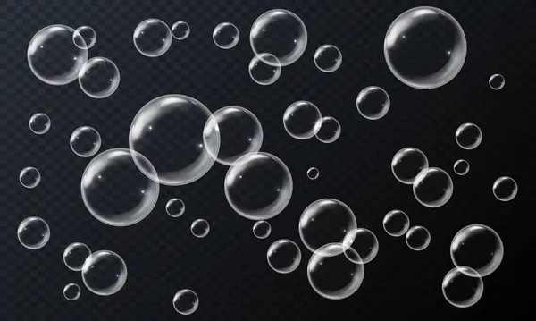Yuvarlak şekilli sabun baloncukları, izole edilmiş koyu arkaplanda farklı boyutlarda vektör gerçekçi illüstrasyon. Tasarım için saydam uçan sıvı kabarcıkları