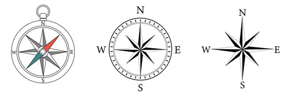 Pusula simgesi ayarlandı. Kuzey, Doğu, Güney, Batı 'nın başlıca yönlerini gösteren tek renkli seyir pusulası. Coğrafi konum, haritacılık ve navigasyon. Vektör illüstrasyonu