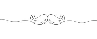 Bıyıklı, bıyıklı, sürekli çizim yapan. Berber dükkanı ve kuaför aletleri sürekli tek bir çizgiden ibarettir. Vektör doğrusal çizim. Düzenlenebilir vuruş.