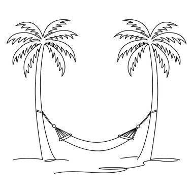 Hindistan cevizi ağacı ve hamak vektörü. Yaz elementi. Merhaba yaz konsepti. Çizgi film düz vektörü beyaz arkaplanda izole edildi.