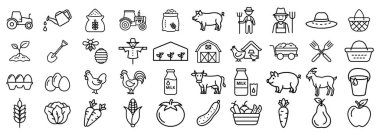 Tarım ikonları koleksiyonu. Icon paketi, web ve ui için kabartma. Taslak simgeleri ayarlandı. Vektör illüstrasyonu