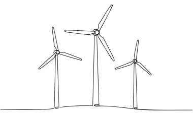 Rüzgâr çiftliği türbini denizde alternatif enerji kesintisiz bir hat çiziyor. Karalama stilinde yenilenebilir kaynak enerji konsepti vektör çizimi. İnovasyon ve çevre tasarımı için Contour hattı işareti