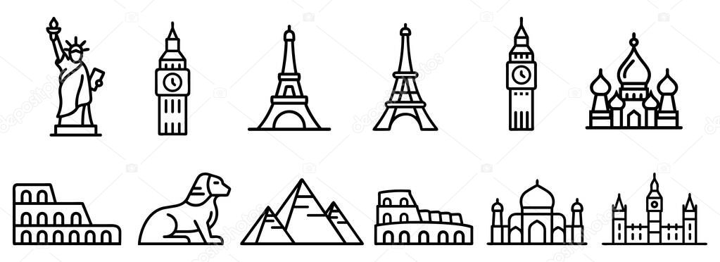 Icons set of top tourist attractions, historical buildings, towers, monuments, statues, sculptures and modern architecture.