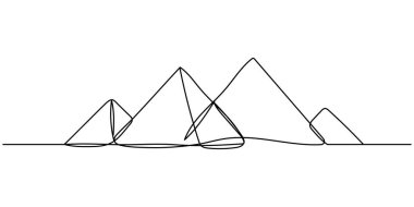 Aralıksız tek bir çizim hattı düz çizim piramidi, çöl, mısır, antik, tarih, mimari, kahire, turizm. Beyaz arkaplan, el çizimi, düzenlenebilir felç.