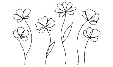 Minimalist yabani çiçeklerin kesintisiz çizimi haşhaş çiçekleri tek ana hatlı vektör çizimi. Düzenlenebilir vuruş.