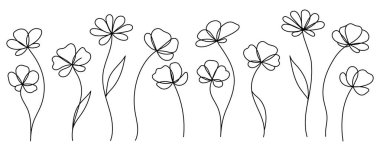 Minimalist yabani çiçeklerin kesintisiz çizimi haşhaş çiçekleri tek ana hatlı vektör çizimi. Düzenlenebilir vuruş.