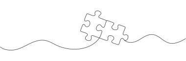 Dört yapboz parçasının aralıksız çizimi. Sorun çözme ve iş metaforu. Fikir, iş, düşünme süreci ve yaratıcılık için bir satır yapboz. Düzenlenebilir vuruş.