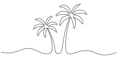 Palmiye ağacı sürekli bir çizgi halinde. El yapımı avuç içi. Minimalist tarzda tropikal manzara.