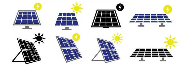 Güneş panelleri simgeleri ayarlandı. Bilgisel tasarım için basit güneş enerjisi düzlüğü. Eko, Güneş çiftliği, güvenli yaratım ve inşaat, pil güvenliği, vektör illüstrasyonu
