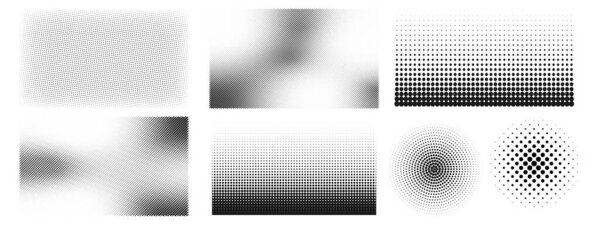 Collection set of different abstract halftone art elements. Dots, squares, and line patterns included