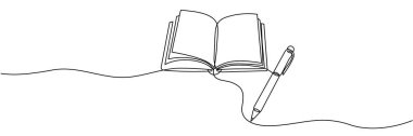Sürekli açık kitap ve kalem çizimleri. Bir satır vektör çizimi. Kitap ve kalem. Eğitim kavramı bir çizgi vektöründe. Dünya kitap günü için arka plan, uluslararası eğitim günü