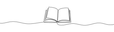 Sürekli açık kitap ve kalem çizimleri. Bir satır vektör çizimi. Kitap ve kalem. Eğitim kavramı bir çizgi vektöründe. Dünya kitap günü için arka plan, uluslararası eğitim günü