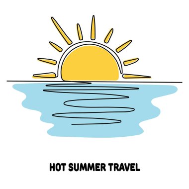 Minimalist tek satırlık bir çizim, sıcak bir yaz seyahati sahnesinin resmi. Işınları olan parlak sarı bir güneş sakin mavi suyun üzerinde yükselir, ince çizgi yansımalarıyla. Altında 