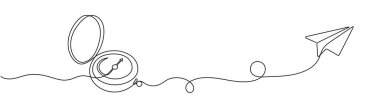 Gezgin pusulası ve kağıt uçak sürekli bir çizgi çiziyor. Harita rehberi ve yeni macera sembolü basit doğrusal şekilde. Düzenlenebilir vuruşlarda iş stratejisi kavramı. Doodle vektör illüstrasyonu.
