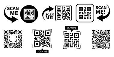 QR kodu ayarlandı. Beni tara. QR kod simgesini tara. QR kodu için şablon - beni tara. Vektör illüstrasyonu..