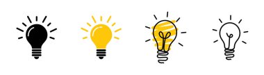 Beyaz arka planda doğrusal parlayan ampul. Doodle tarzında simge belirle. Vektör çizimi. Siyah çizgi ve sarı renk