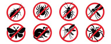 Haşere kontrolü. Simge ayarlandı. Böcek savar amblemi. Zararlı böcek ve kemirgenlerin izole edilmeleri ve uyarı işaretleri. Vektör illüstrasyonu.