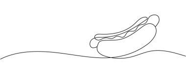 Bir çizgi sürekli sosisli sandviç fast food sembolü konsepti. Sosisli ve hardallı çörekler ve sağlıksız atıştırmalıklar. Düzenlenebilir vuruş.