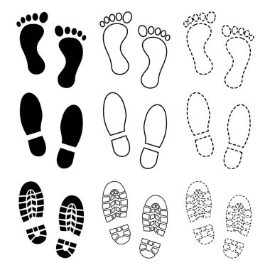 Toplama insan ayak izi taşıyıcısı. Ayakkabı tabanı, çıplak ayak, bebek ayak izi..