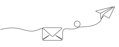 Sürekli zarflı kağıt uçak çizimleri. Yeni mesaj konsepti. E-posta ile gönderilen mektup. Düzenlenebilir vuruş.