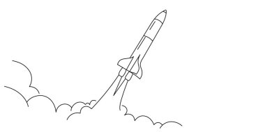 Roket beyaz arka planda havalanıyor. Bir mekiğin kalkış çizgisi. Modern vektör çizimi. Düzenlenebilir vuruş.