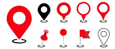Konum simgesi ayarlandı. Düz konum simgesi seti ve harita iğneleri koleksiyonu. Harita yeri işaretleyicisi. Düz biçimli konum imleci simgesi. Pozisyon sembolü. Nokta illüstrasyon işareti koleksiyonu